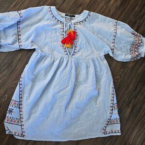 Embroidered Blue Dress with Tassels